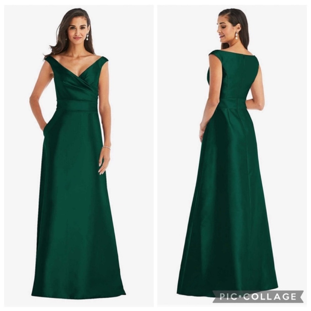 Alfred Sung D811S Off The Shoulder Draped Maxi Dress‎ Hunter Green 8